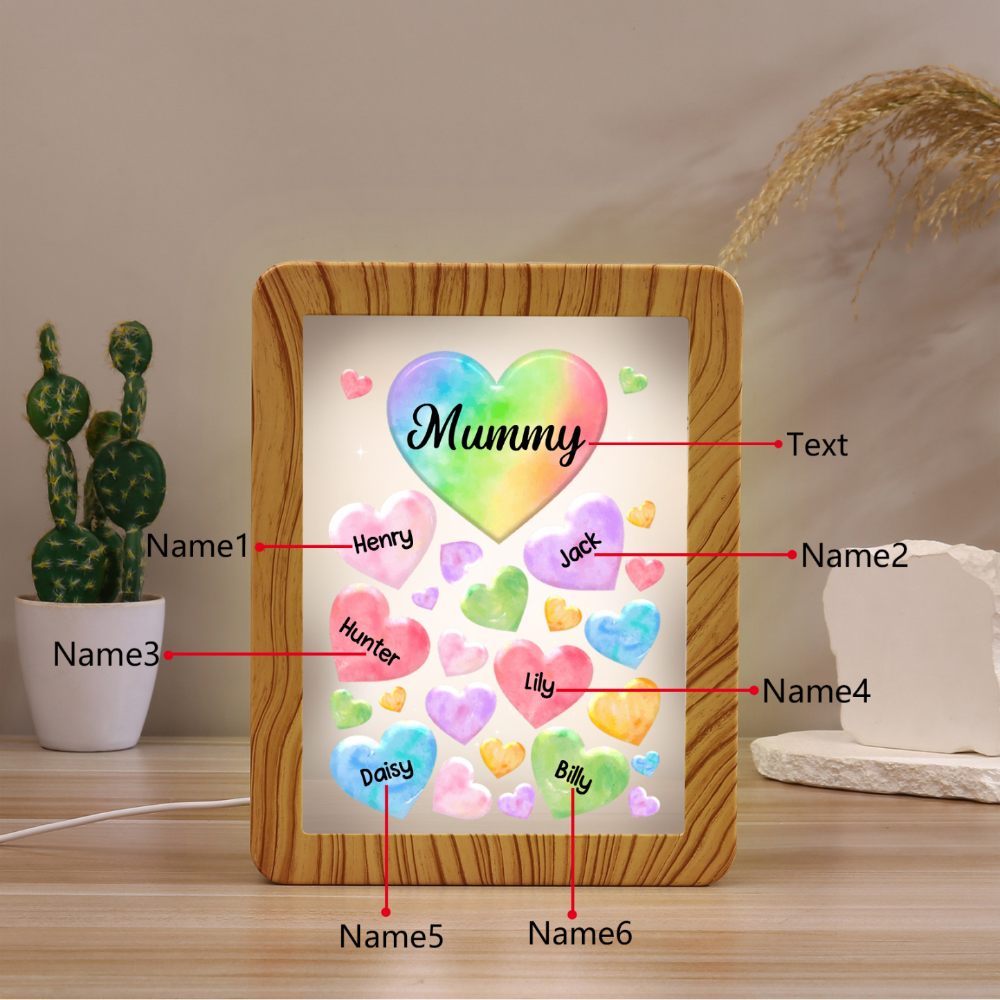 Marco/Espejo con LED Multifuncional Corazones 1-7 Nombres Personalizados con 1 Texto-Jessemade ES