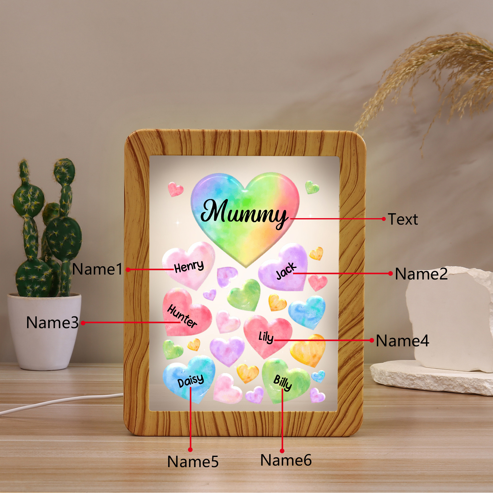 Marco/Espejo con LED Multifuncional Corazones 1-7 Nombres Personalizados con 1 Texto-Jessemade ES