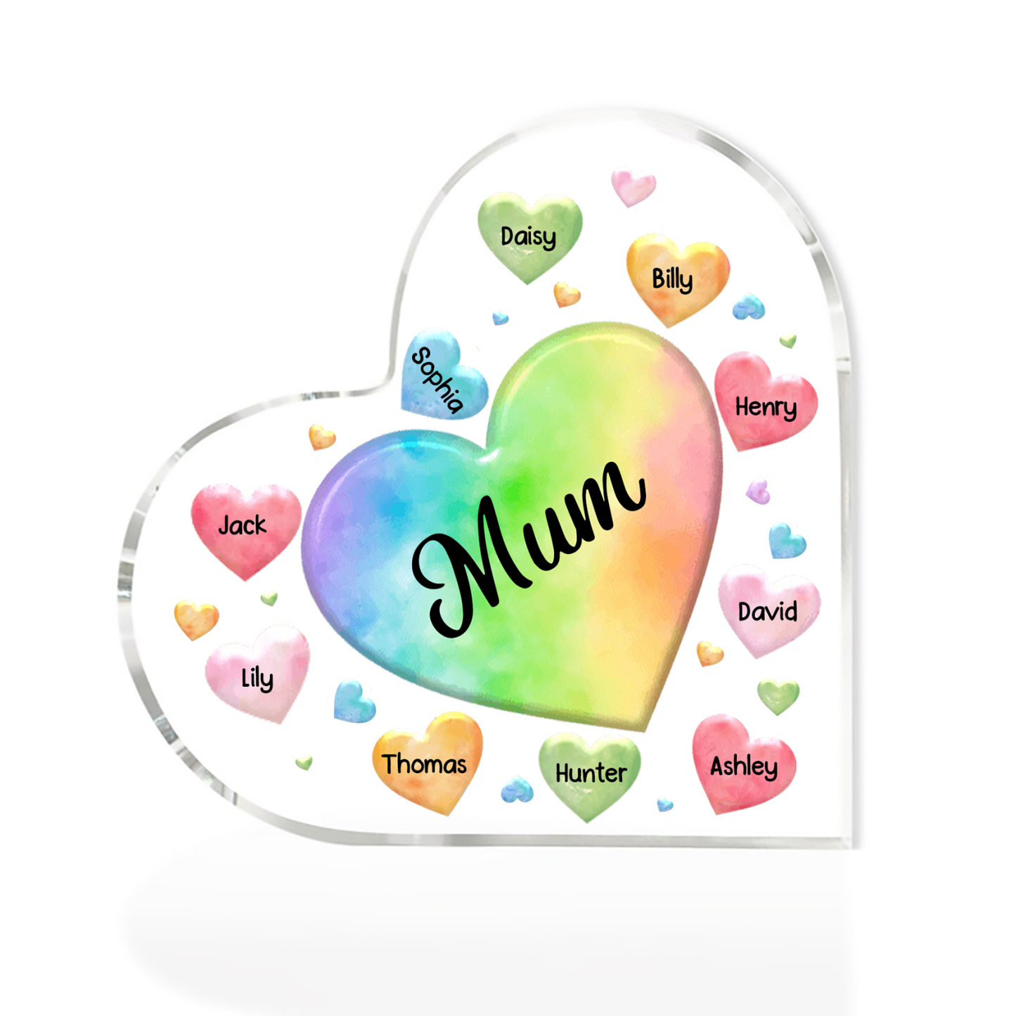 A mi mamá/abuela-Placa de acrílico "Corazones" en forma de corazón 10 nombres y 1 texto personalizados-Jessemade ES