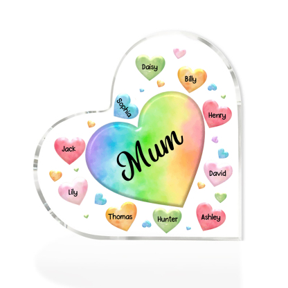 A mi mamá/abuela-Placa de acrílico "Corazones" en forma de corazón 10 nombres y 1 texto personalizados-Jessemade ES