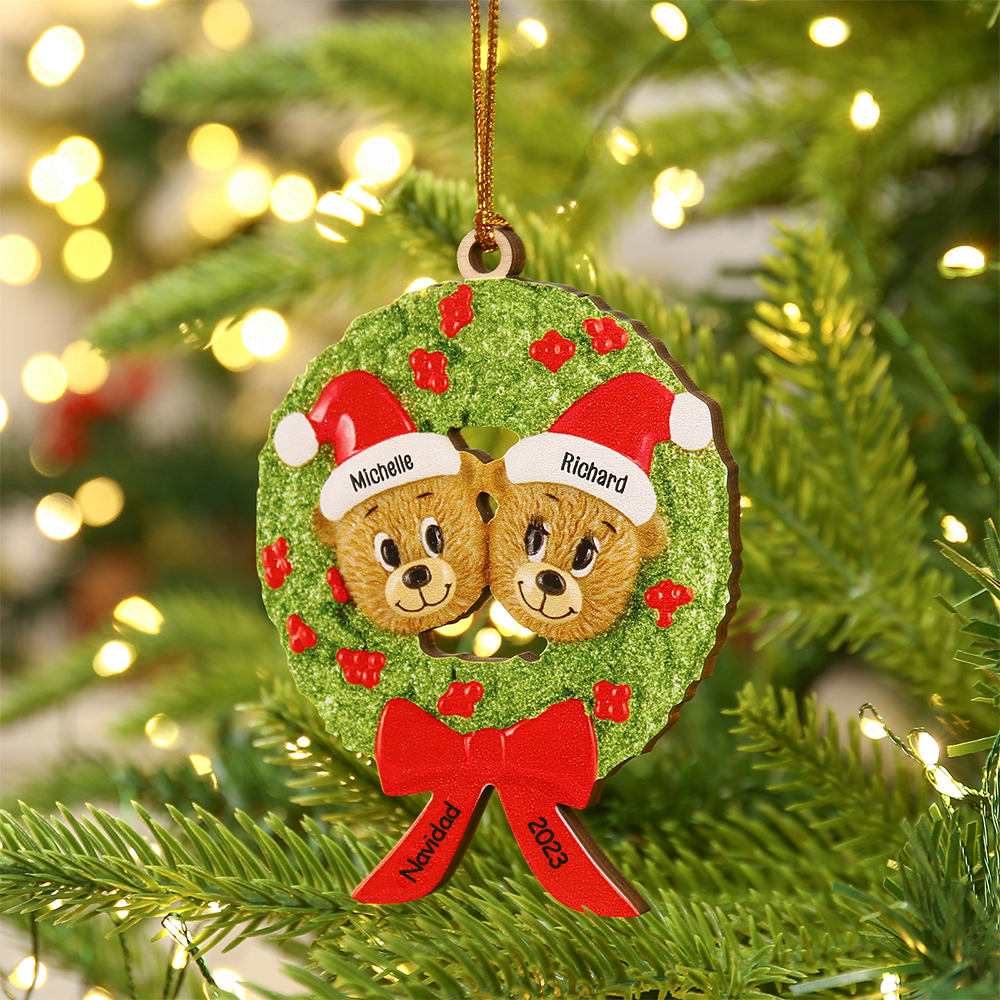 Navidad-Ornamentos Navideños de Madera Guirnalda y osos 2 Nombres con 2 Textos Personalizados