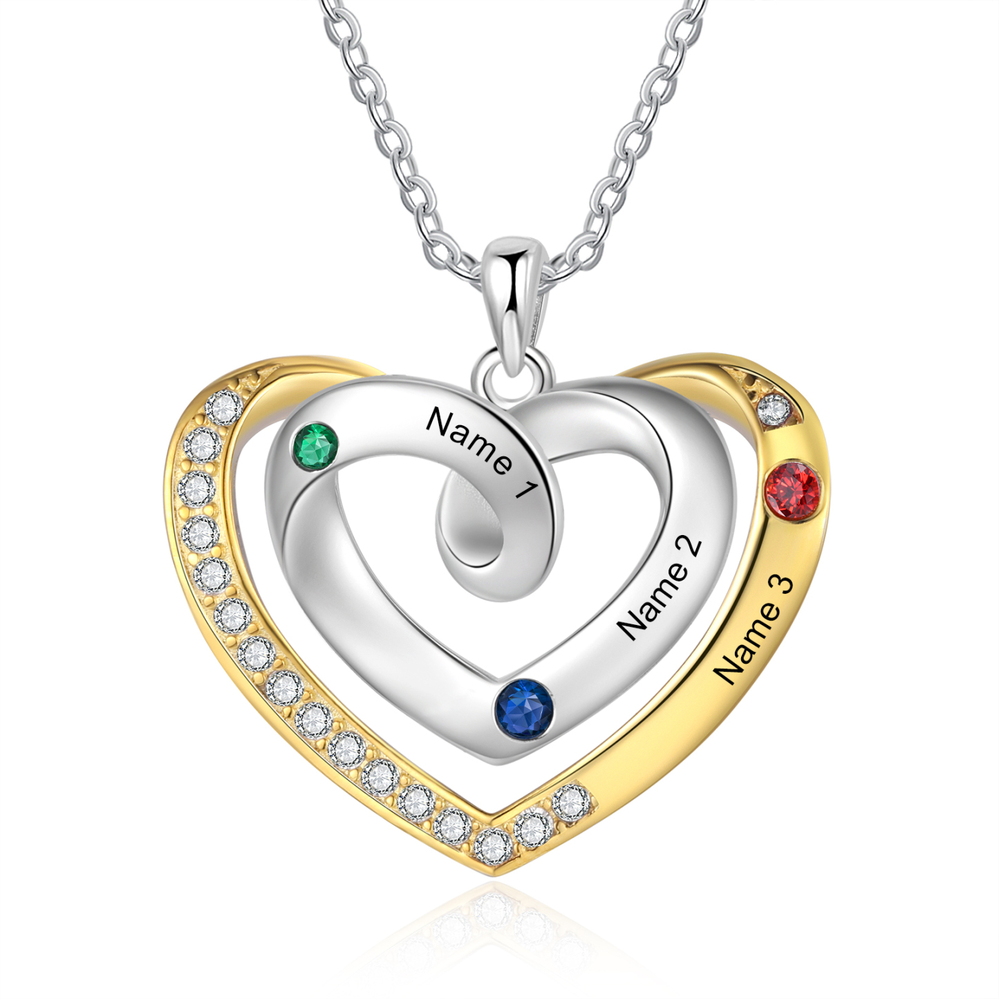 Collar de corazón con 3 nombres y piedras de nacimiento personalizados-Jessemade ES