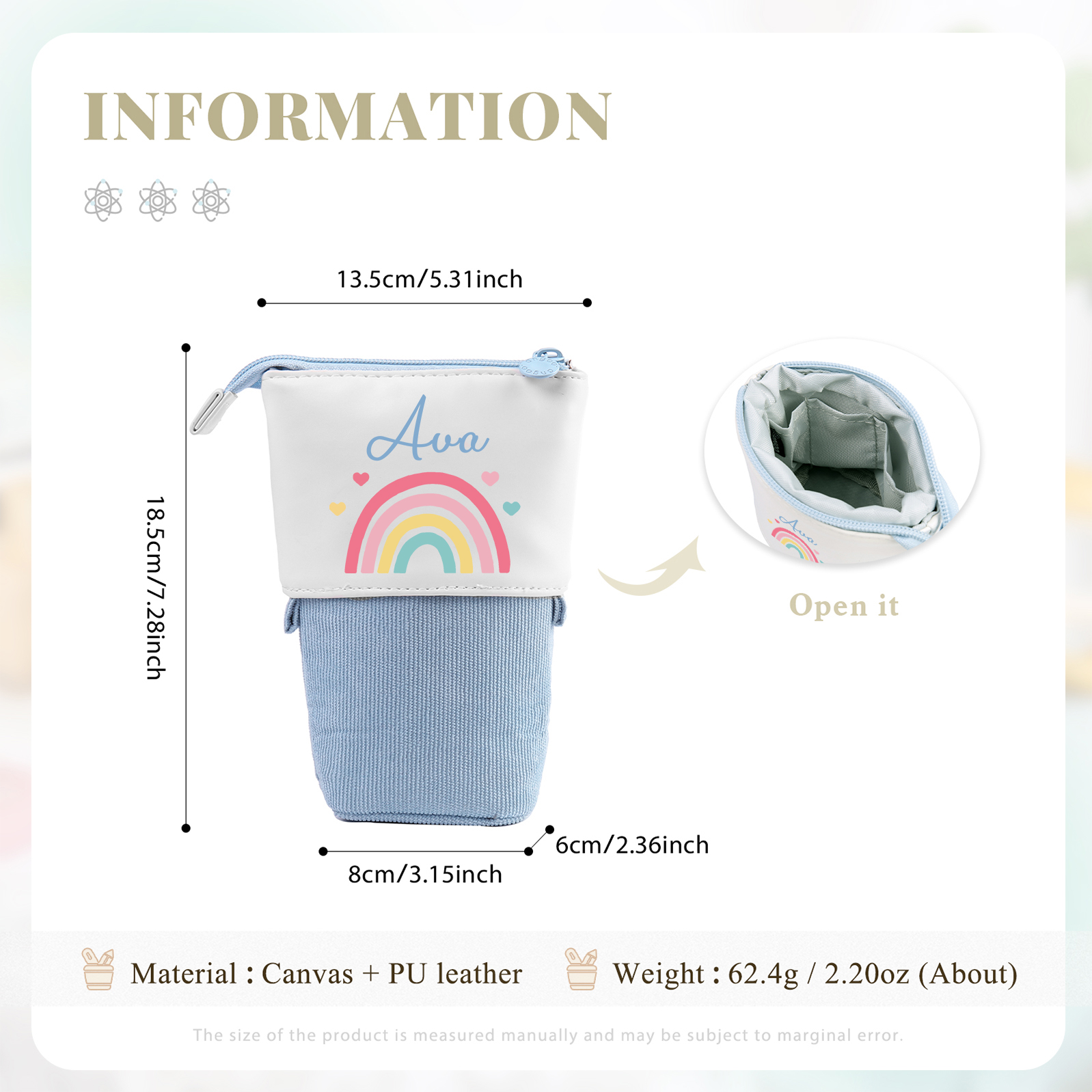 Estuche personalizado con nombre con diseños coloridos de iris para niños