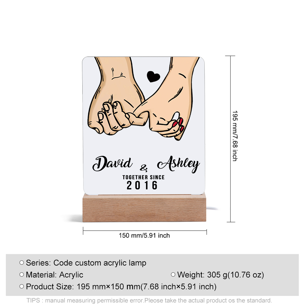 Lámpara dedos cogidos para pareja 3D Ilusión Luz de Noche LED 2 nombres, texto y año personalizados -Jessemade ES