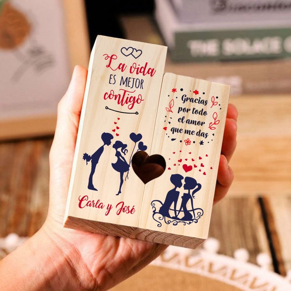 Candelero para pareja de madera de dos piezas sin candela con texto personalizado-Jessemade ES