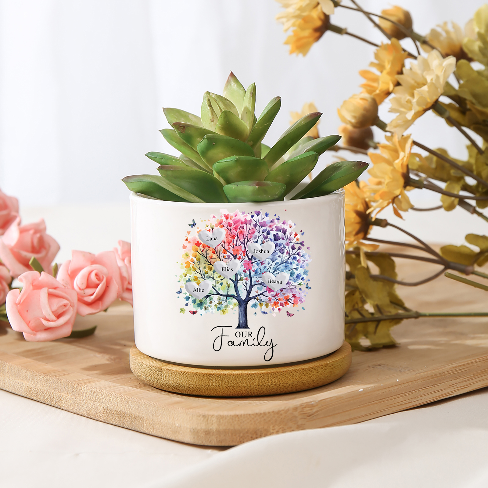 Florero con base de cerámica árbol de corazones 2-8 nombres personalizados con texto decoración del hogar-Jessemade ES