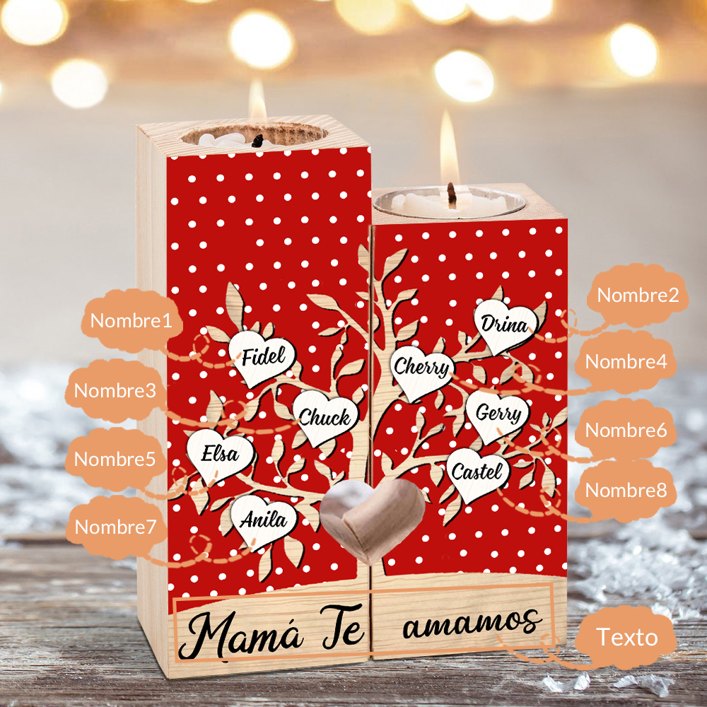 A la familia-Candelero de árbol de la vida de madera personalizado con 3-8 nombres y 1 texto sin vela-Jessemade ES