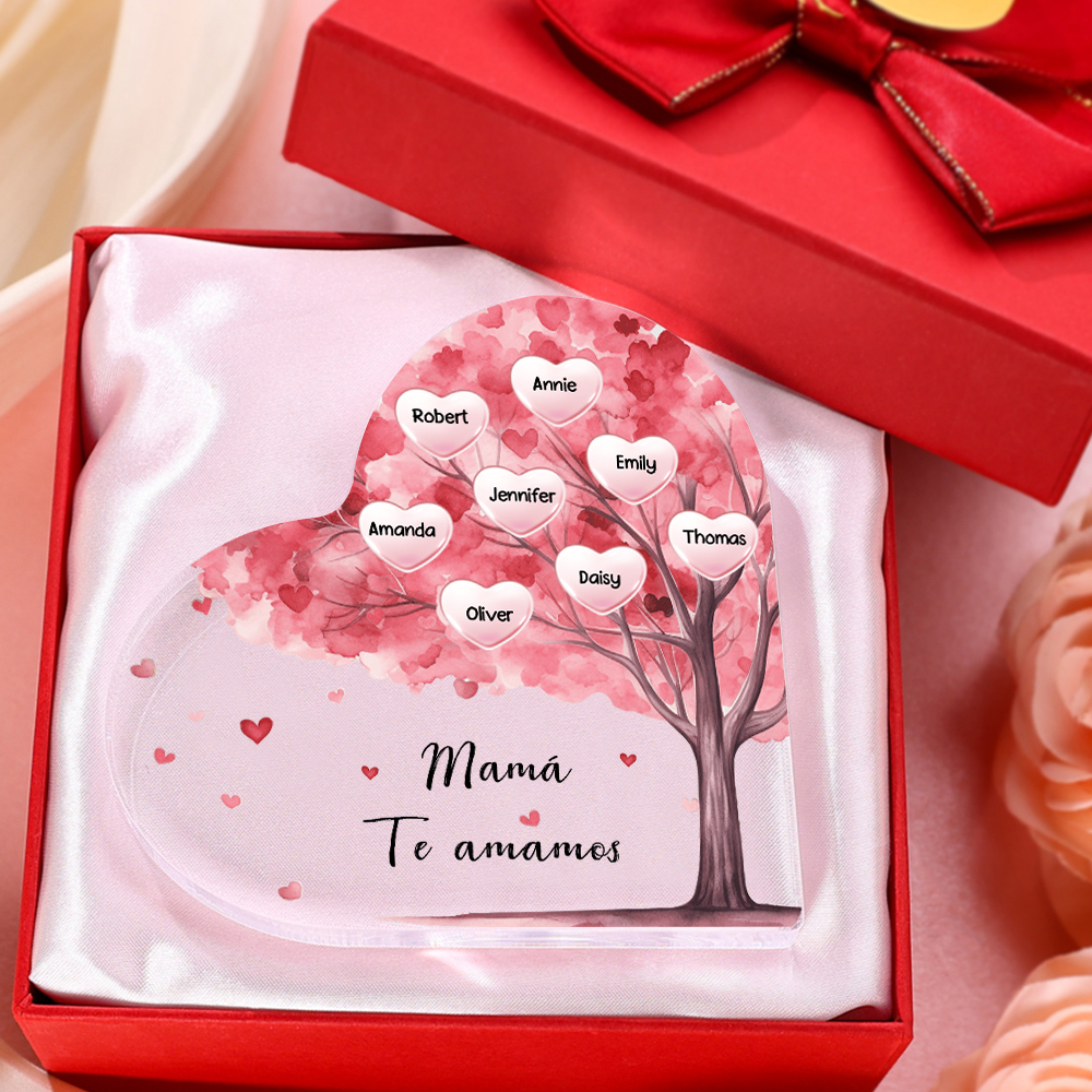 A mi mamá/abuela-Placa de acrílico "Árbol" en forma de corazón 8 nombres y 1 texto personalizados-Jessemade ES