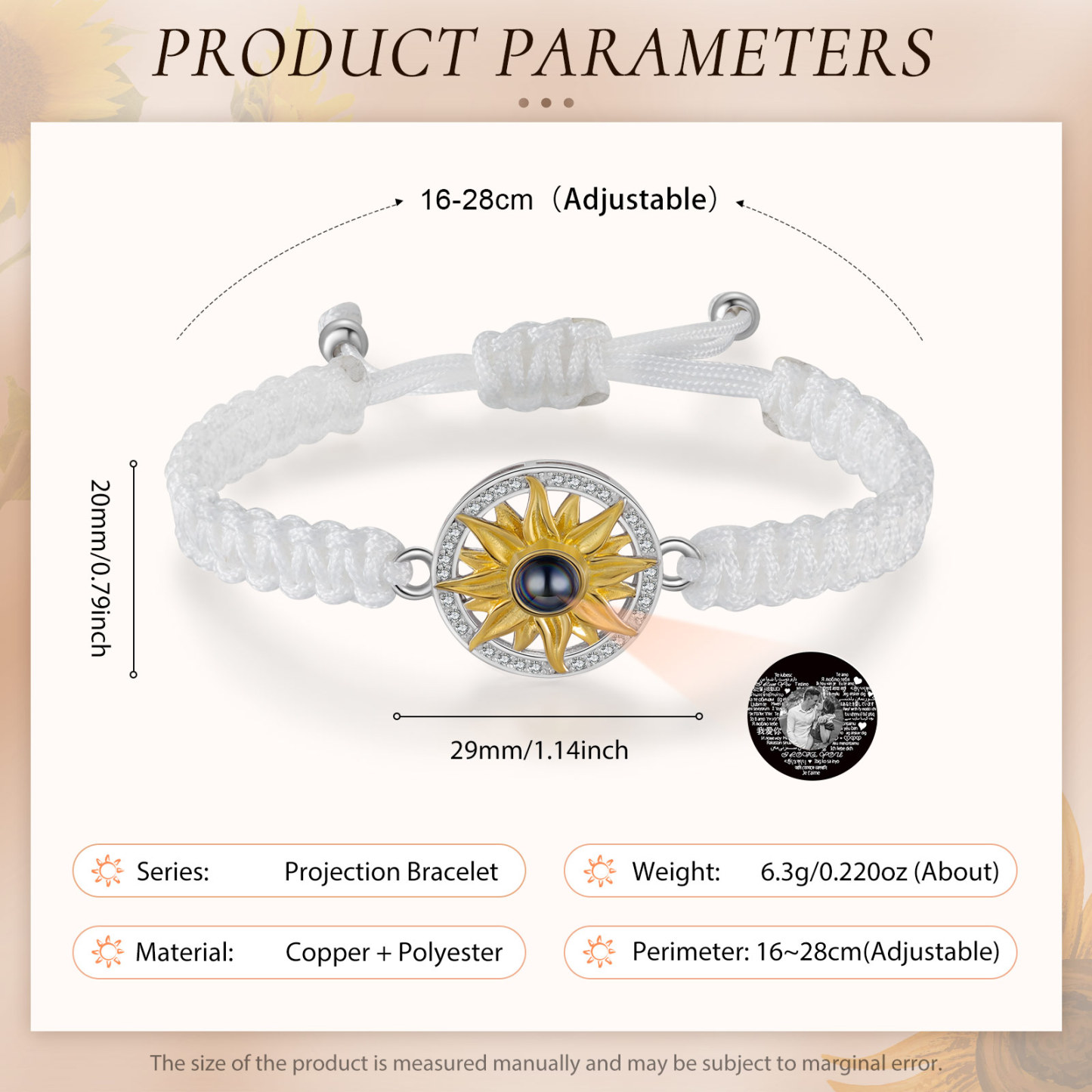 Pulsera con proyección de foto con dije de girasol cuerda blanca-Jessemade ES