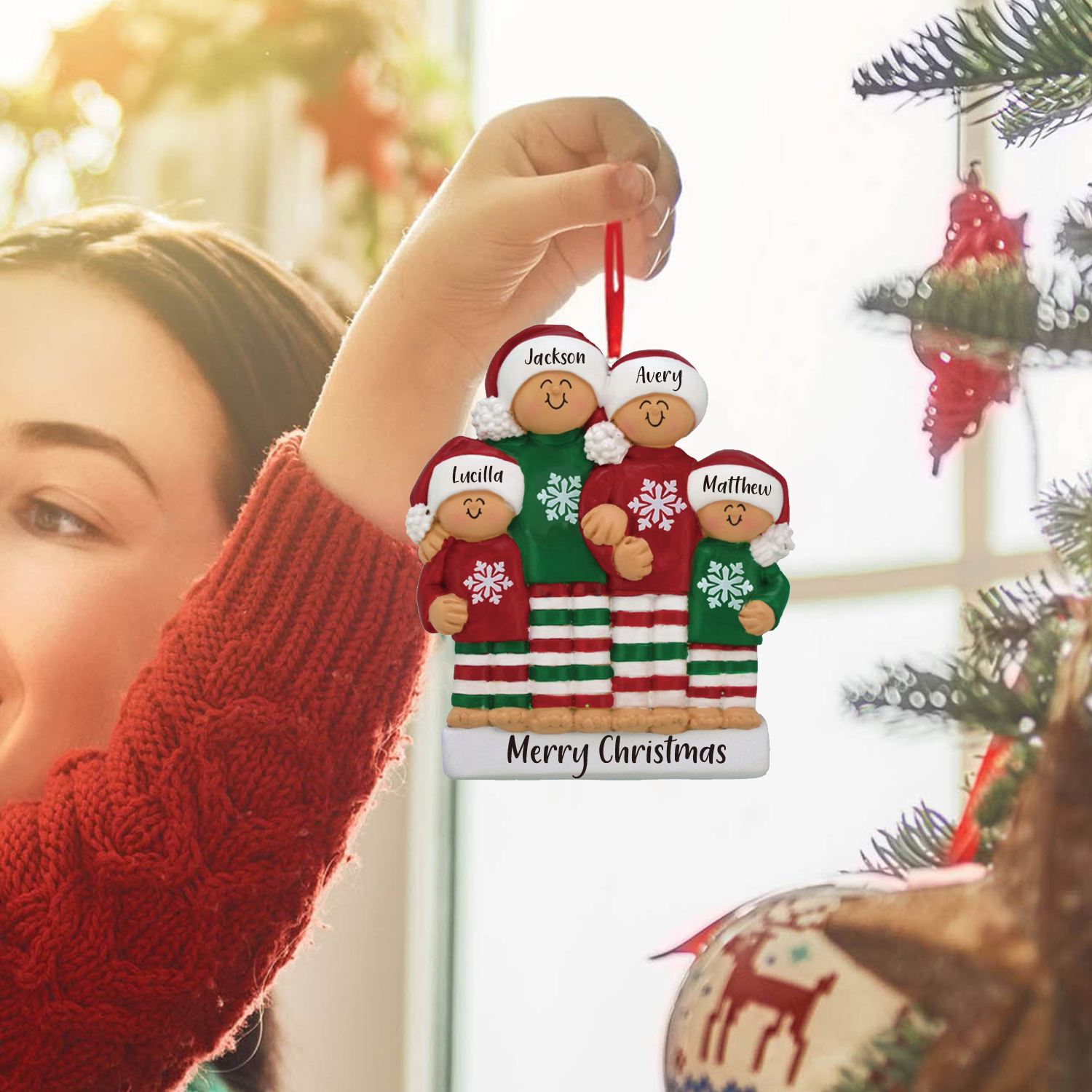 Navidad-Ornamento muñecos navideño de madera 4 nombres y 1 texto personalizados adorno del árbol