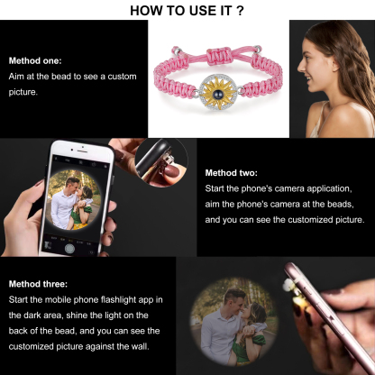 Pulsera con proyección de foto con dije de girasol cuerda rosa-Jessemade ES