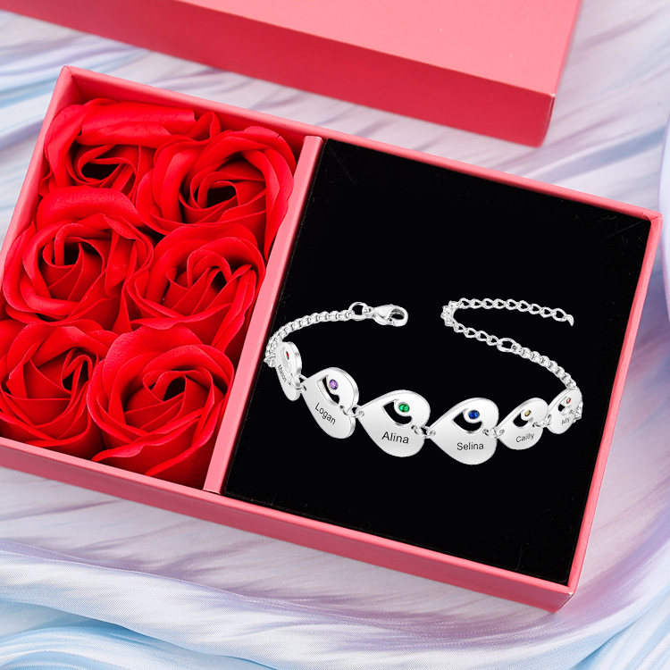 Pulsera de corazón personalizada con 6 nombres y 6 piedras de nacimiento-Jessemade ES