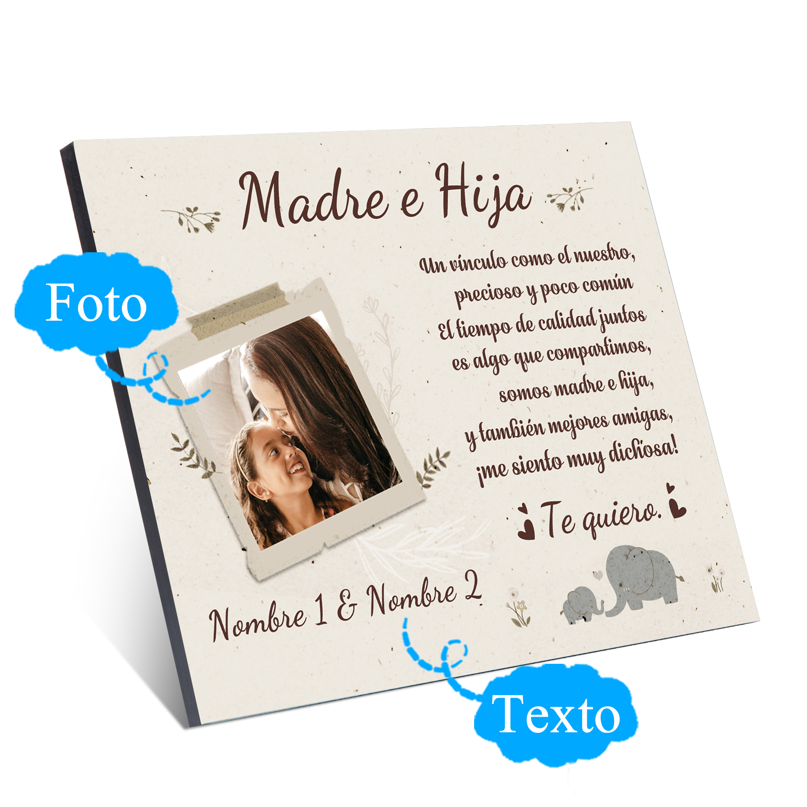 Madre e Hija-Lámina marco de madera 1 foto personalizada con texto