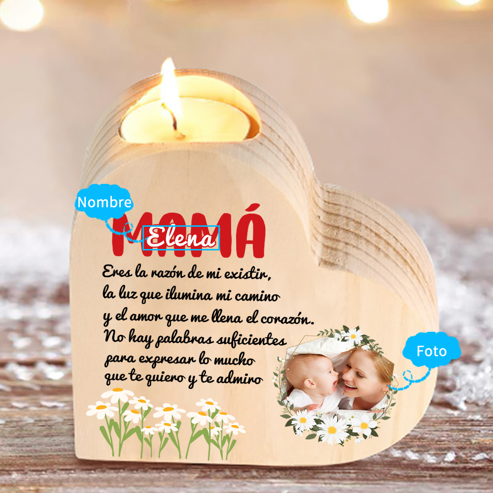 A mi mamá-Candelero con nombre y foto personalizados en forma de corazón de madera sin candela-Jessemade ES