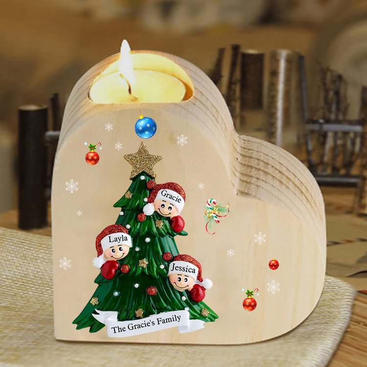 Navidad - Candelero de corazón de madera árbol de familia personalizado con 3 nombres y 1 texto sin vela-Jessemade ES