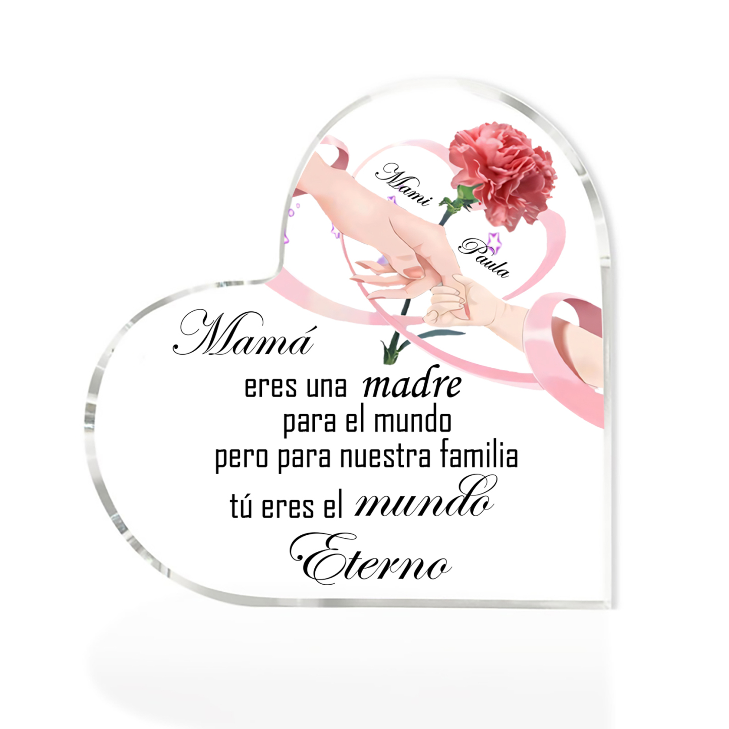 A mi mamá-Placa de acrílico en forma de corazón manos cogidas y frases amorosos 2 nombres personalizados-Jessemade ES