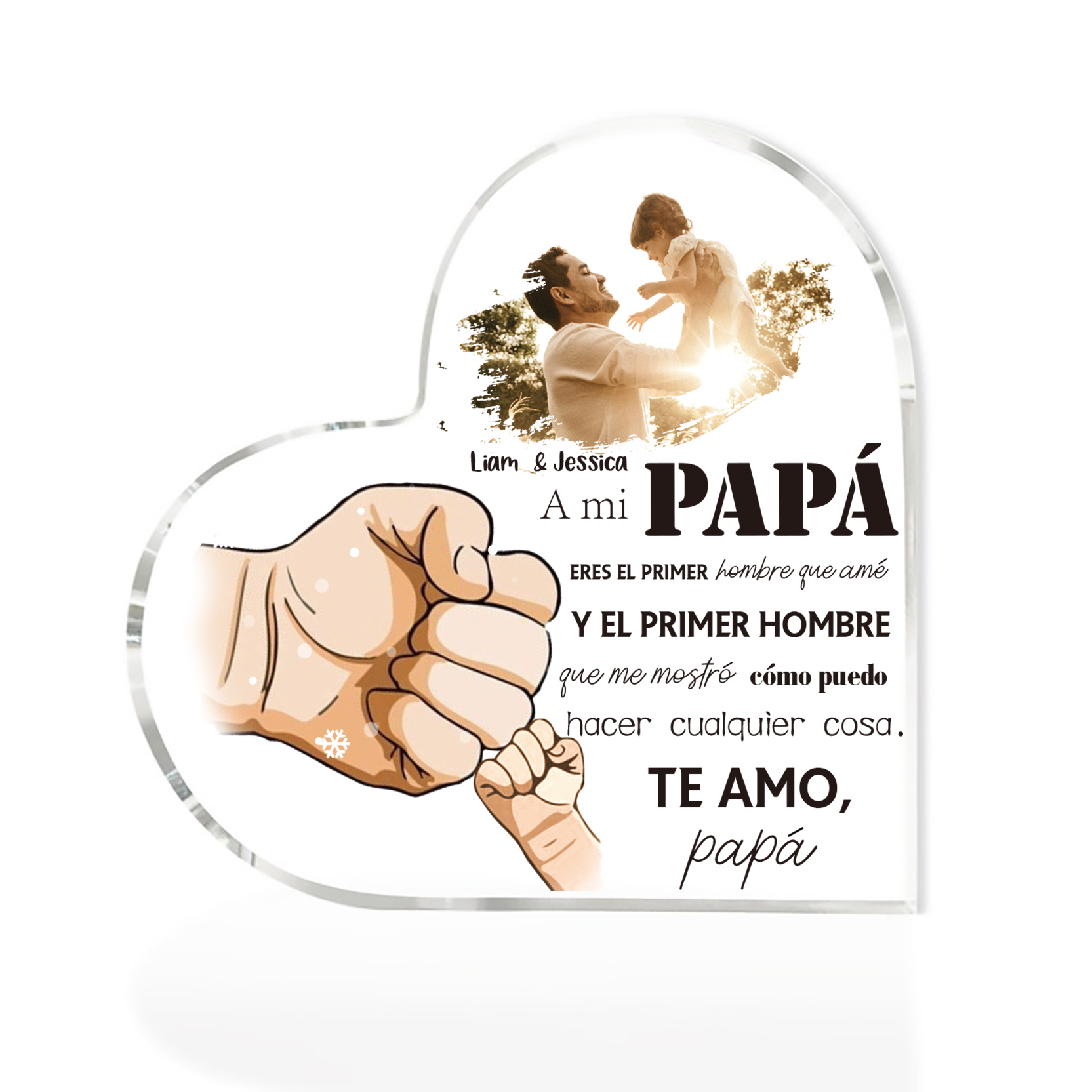 A mi papá-Placa de acrílico en forma de corazón con 2 nombres y 1 foto personalizados-Jessemade ES