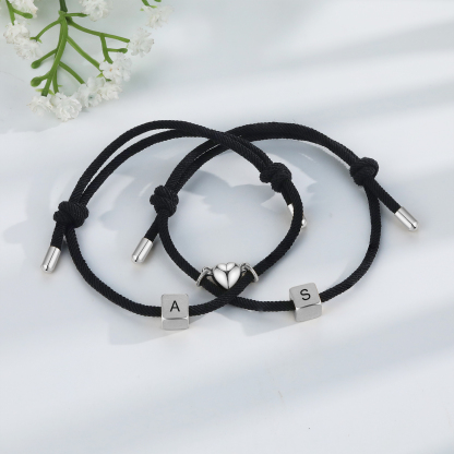 Pulseras de cuerda personalizadas para pareja con dije de corazón magnético grabado de dos letras-Jessemade ES