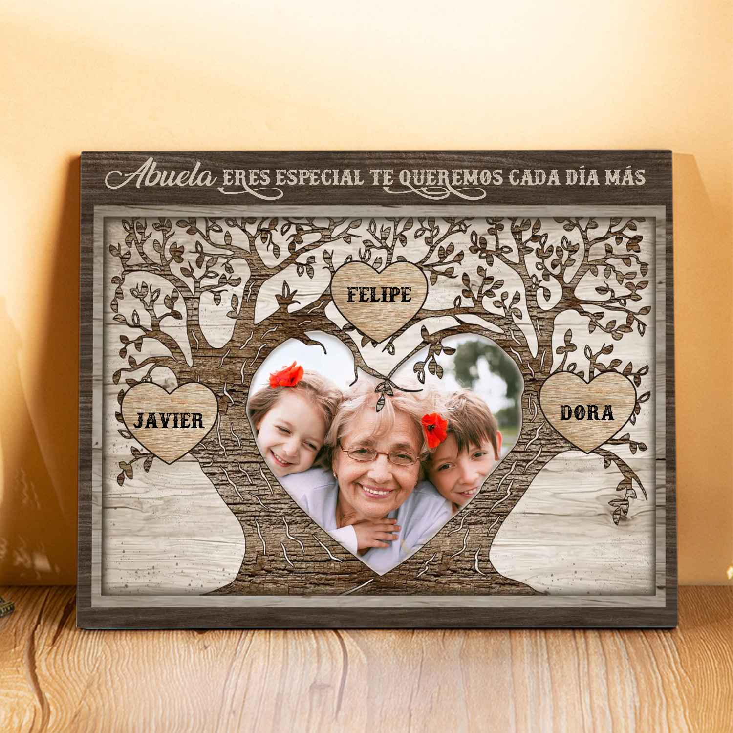 A familia - Lámina 2-9 nombres y 1 foto personalizados marco de madera árbol de la vida-Jessemade ES