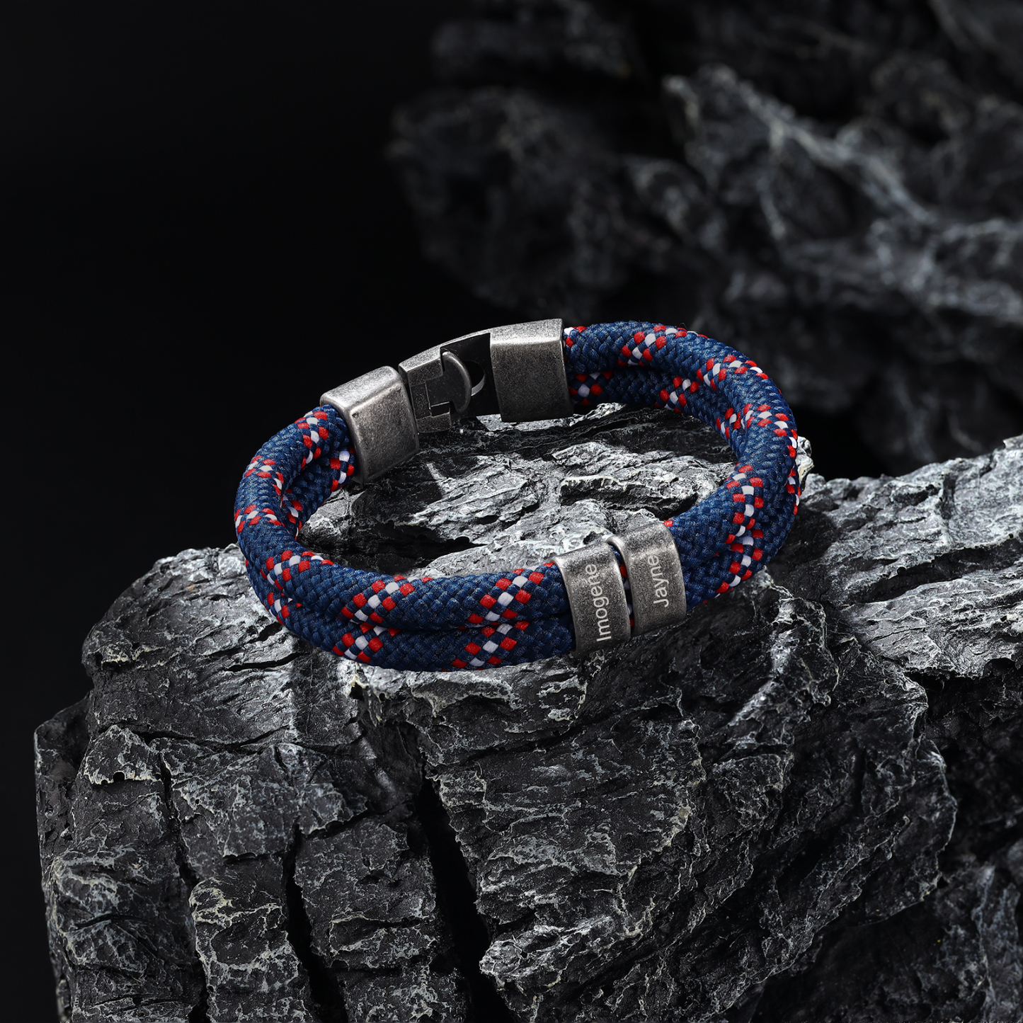2-4 Nombres Personalizados Pulsera de Cuerda Azul Marino con Rojo y Blanco Aros de Acero Inoxidable-Jessemade ES