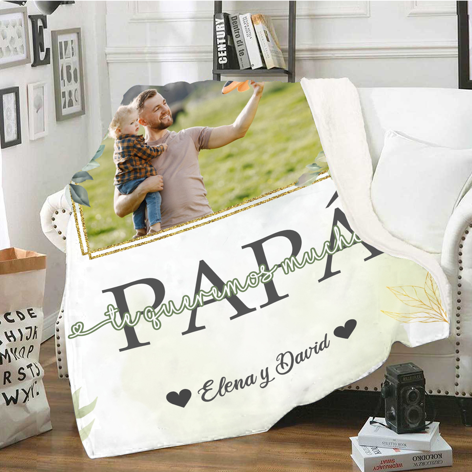 A mi padre de hij@s-Manta de buen calidad con hojas personalizada con 1 foto y 1 texto-Jessemade ES