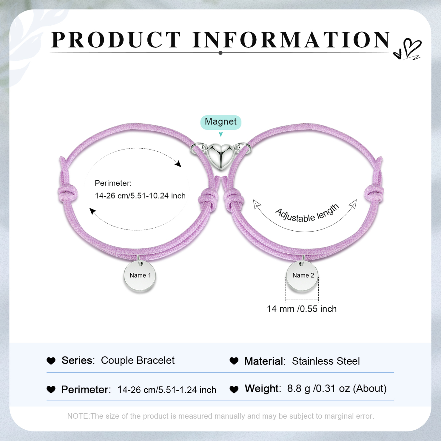 Pulseras de cuerda luminosa personalizadas para pareja con dije de corazón magnético grabado de dos nombres-Jessemade ES