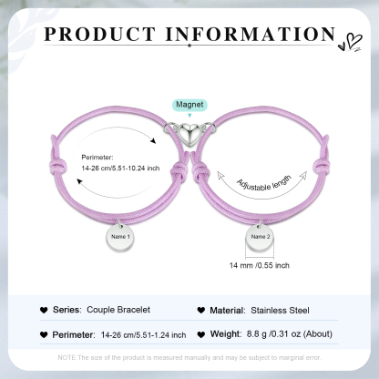 Pulseras de cuerda luminosa personalizadas para pareja con dije de corazón magnético grabado de dos nombres-Jessemade ES