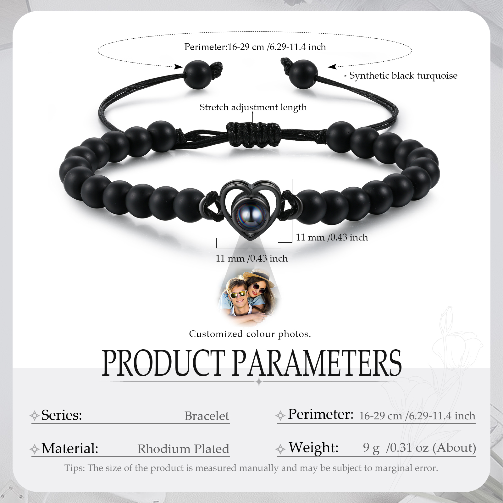 Pulsera de turquesa negra sintética con proyección de foto en color con dije de corazón pulsera ajustable-Jessemade ES