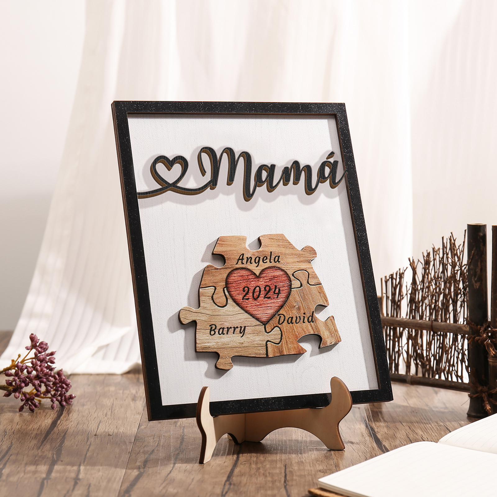 A mi mamá-Adorno 2-6 nombres y año personalizados decoración de madera rompecabezas-Jessemade ES