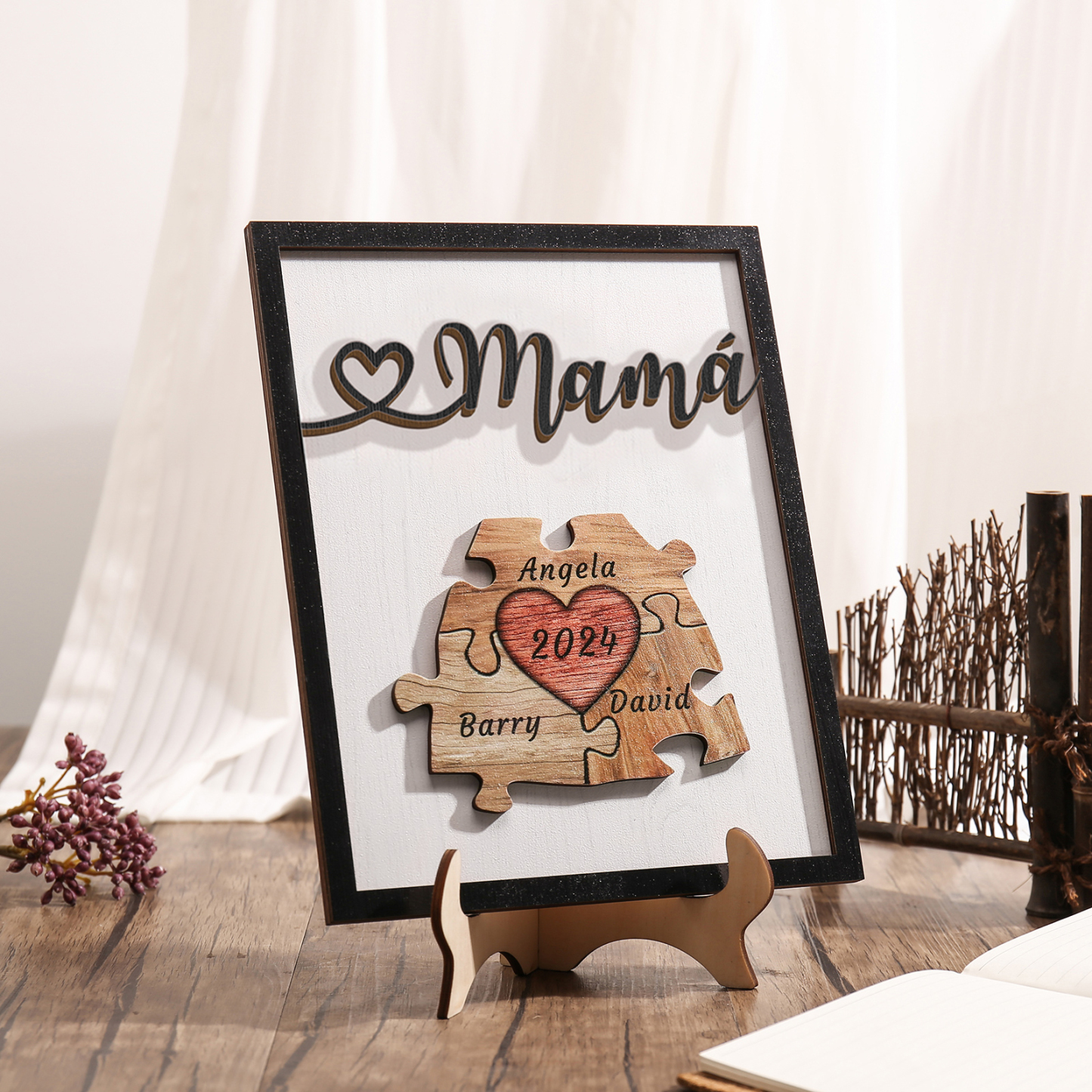 A mi mamá-Adorno 2-6 nombres y año personalizados decoración de madera rompecabezas-Jessemade ES