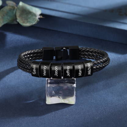 Pulsera de tres cueros trenzados 8 aros con 8 nombres personalizados pulsera de hombre-Jessemade ES