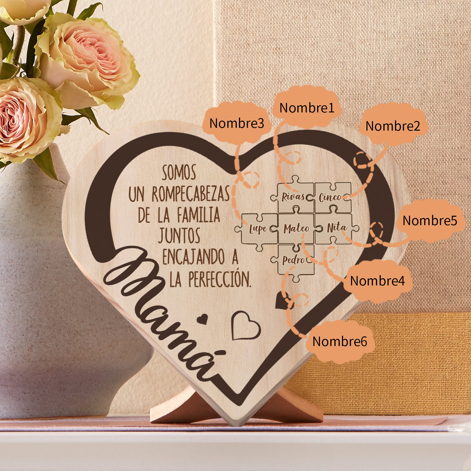 Adorno personalizado con 2-6 nombres decoración de madera en forma de corazón para mi mamá-Jessemade ES
