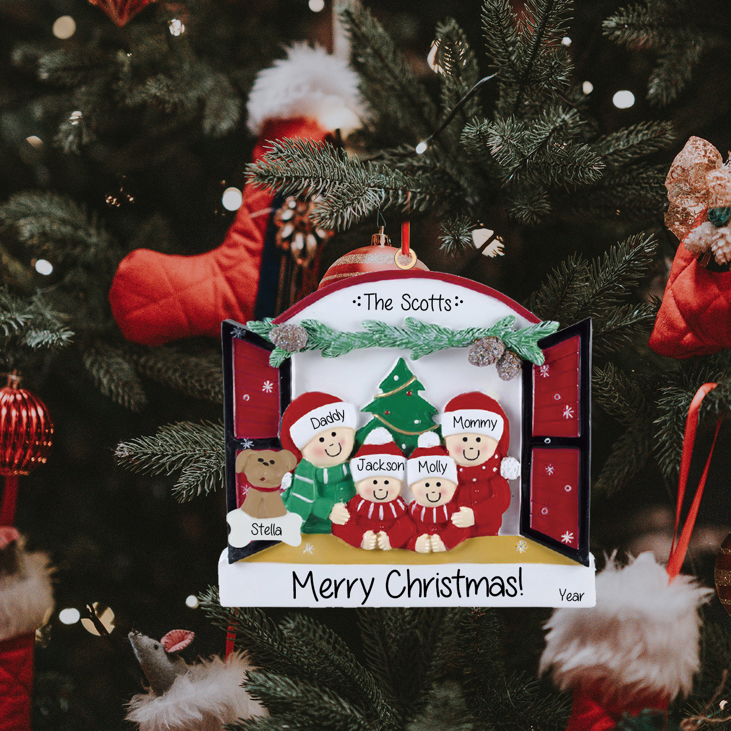 Navidad-Ornamentos Navideños de Madera Familia de 2-4 con Perro 3-5 Nombres Personalizados con 2 Textos y Año-Jessemade ES