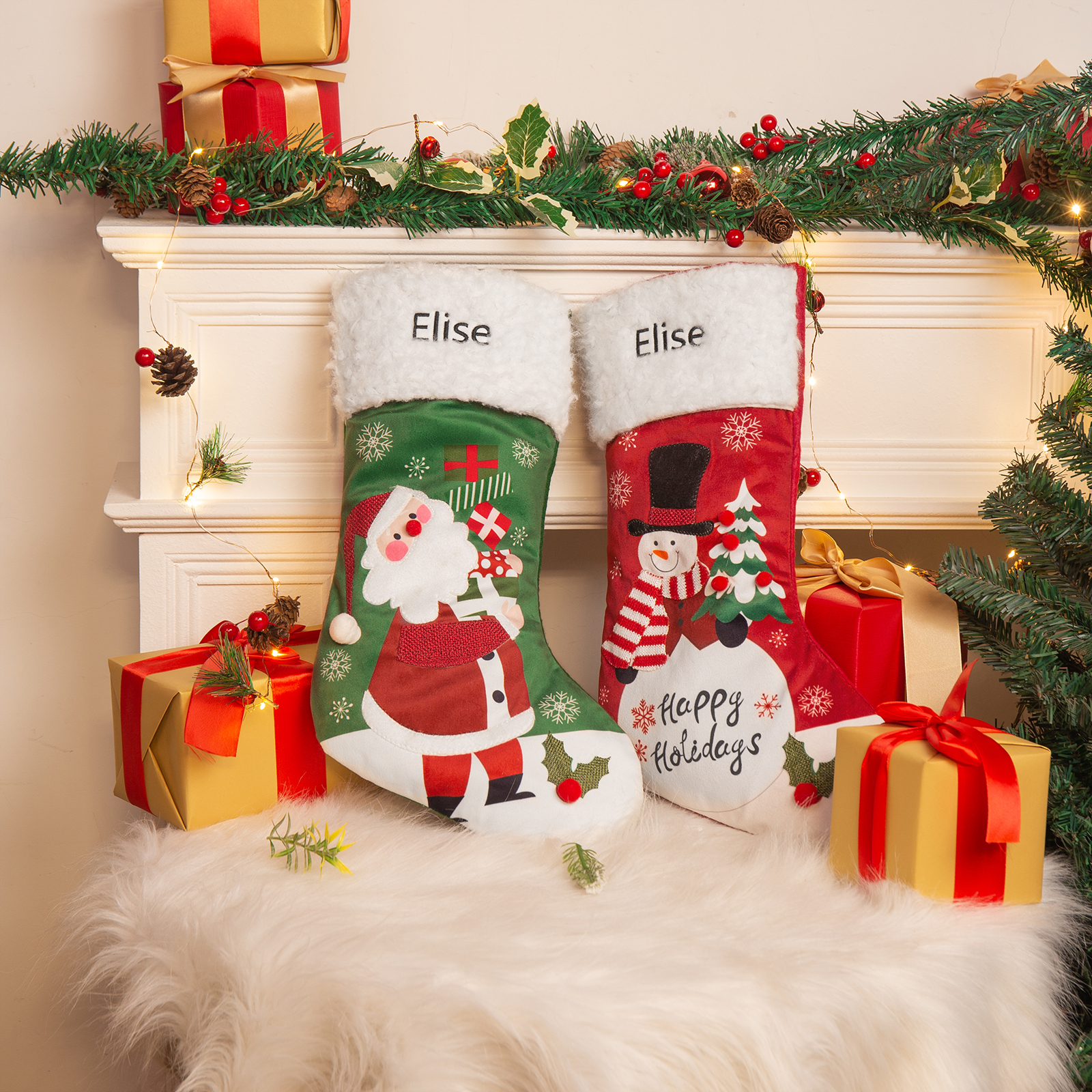 Adornos de medias navideñas de muñecos Bolsa de regalo 1 Nombre personalizado-Jessemade ES