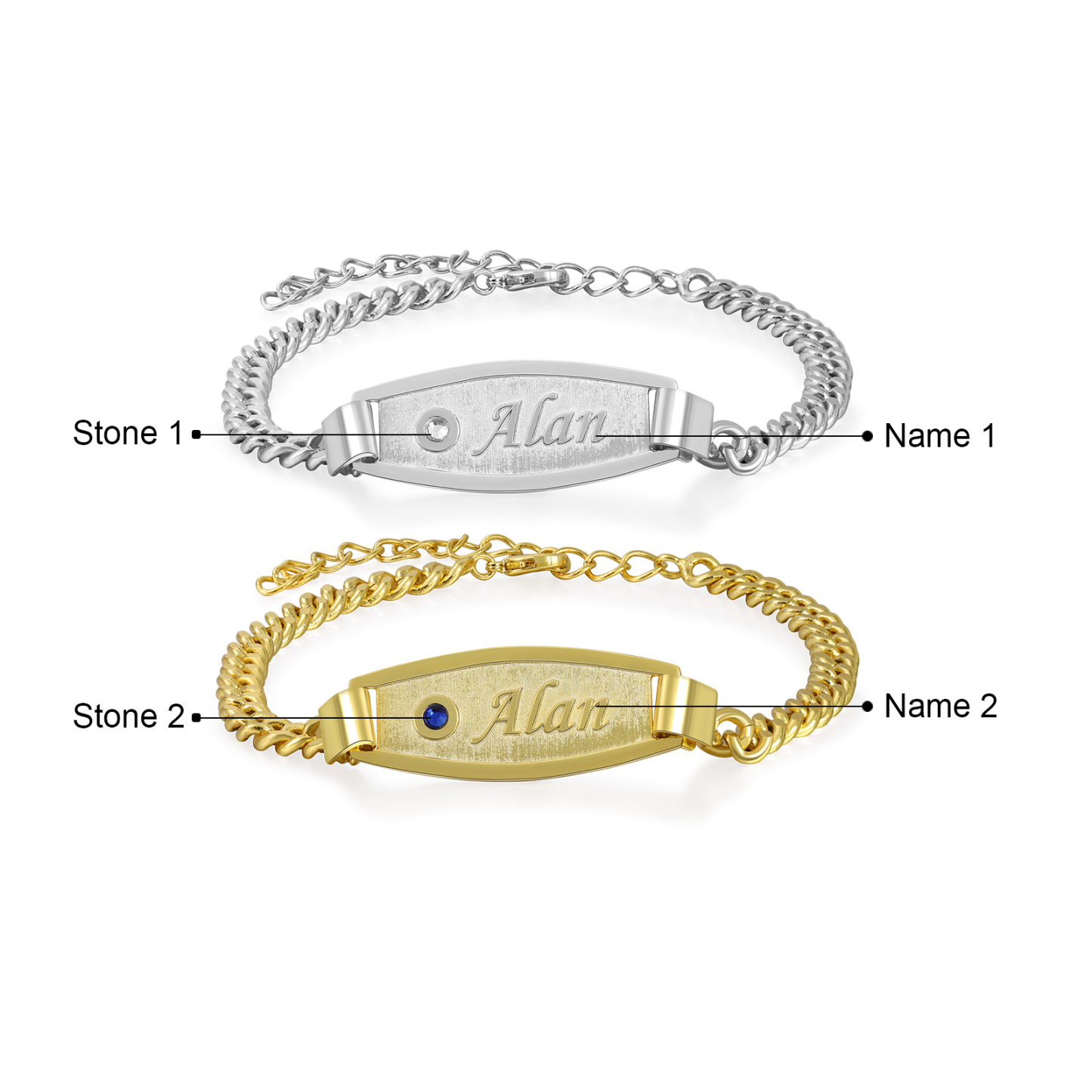 Pulseras de cadena para pareja con placa 2 nombres y 2 piedras personalizados-Jessemade ES
