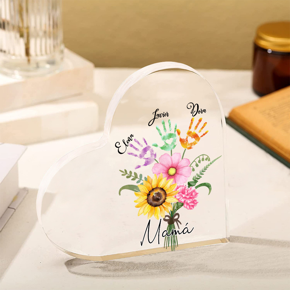 A mi mamá-Placa de acrílico en forma de corazón flor y manitas 1-5 nombres personalizados-Jessemade ES
