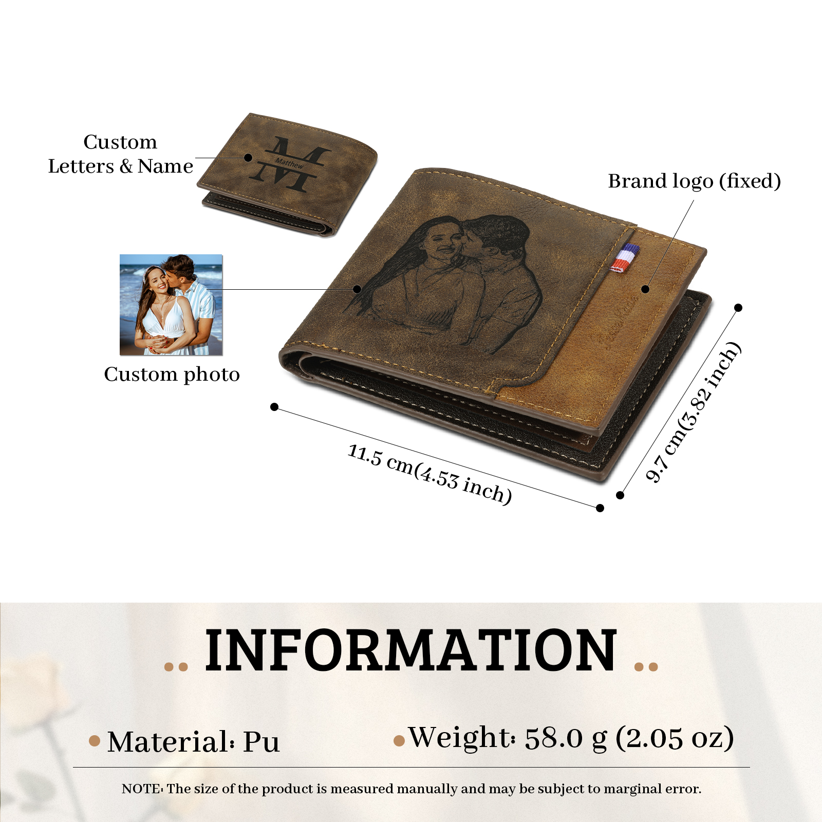 Cartera, billetera personalizada con 1 foto, 1 nombre y 1 letra monedero para hombre-Jessemade ES