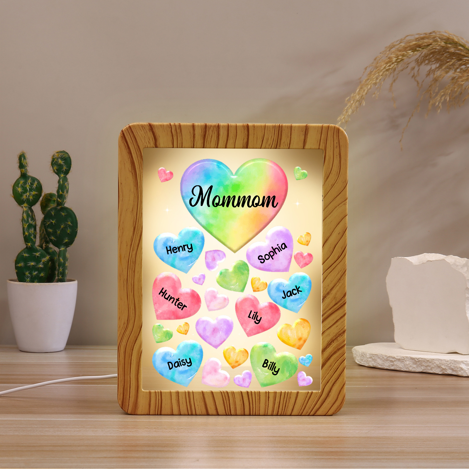 Marco/Espejo con LED Multifuncional Corazones 1-7 Nombres Personalizados con 1 Texto-Jessemade ES