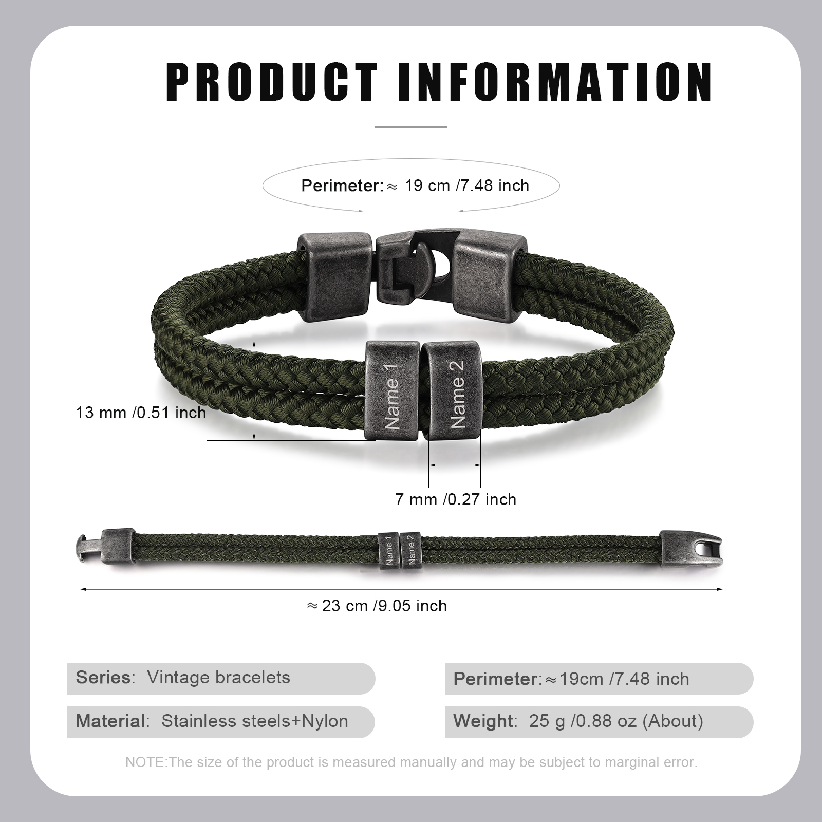 2-4 Nombres Personalizados Pulsera de Cuerda Verde Hiebra Aros de Acero Inoxidable-Jessemade ES