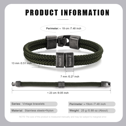 2-4 Nombres Personalizados Pulsera de Cuerda Verde Hiebra Aros de Acero Inoxidable-Jessemade ES