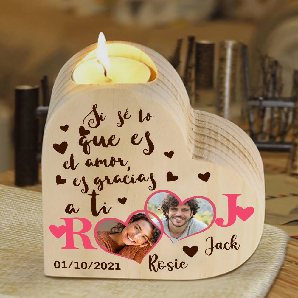 Candelero de madera para pareja con 2 fotos sin vela personalizado con 2 nombres, 2 letras y fecha-Jessemade ES