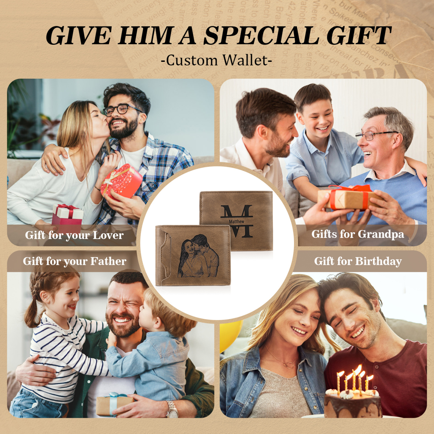 Cartera, billetera personalizada con 1 foto, 1 nombre y 1 letra monedero para hombre-Jessemade ES