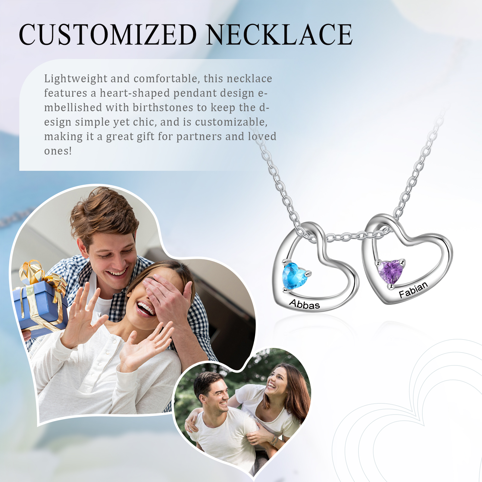 Collar colgante de corazones con 2 nombres y 2 piedras de nacimiento personalizados-Jessemade ES