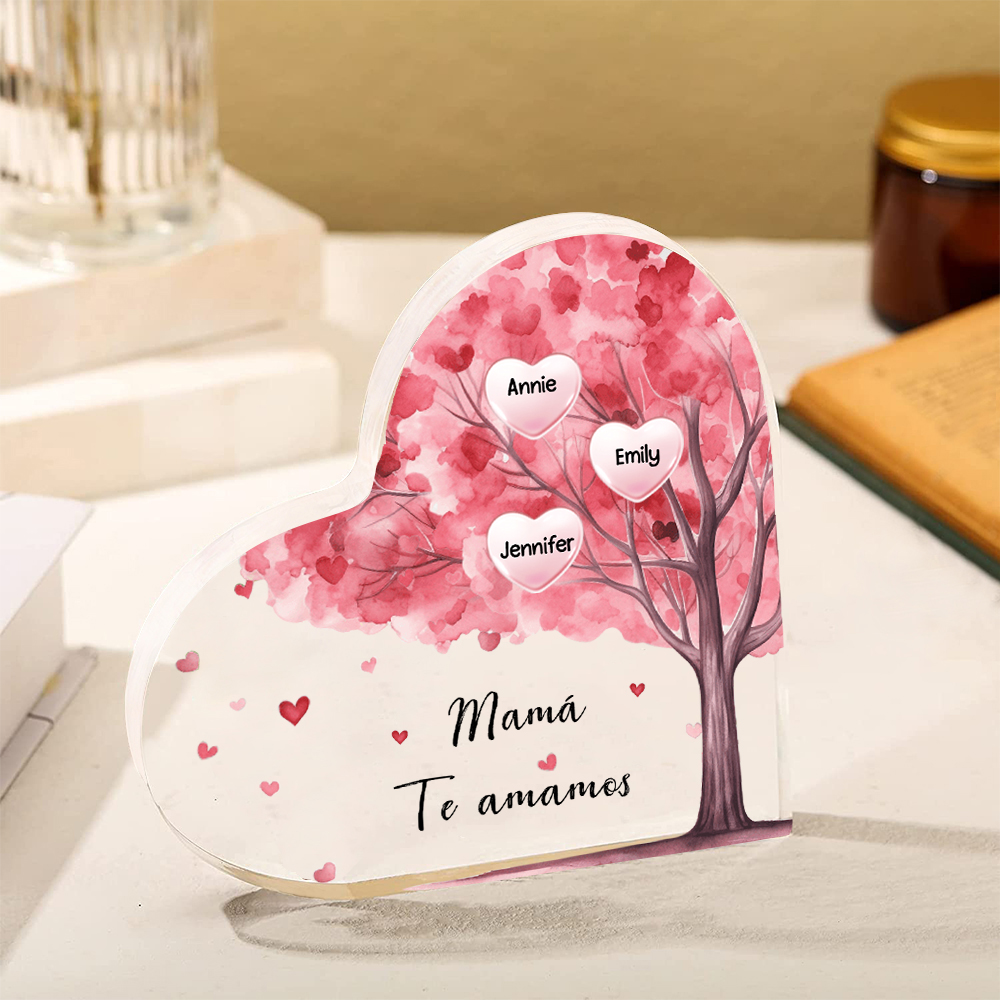 A mi mamá/abuela-Placa de acrílico "Árbol" en forma de corazón 3 nombres y 1 texto personalizados-Jessemade ES