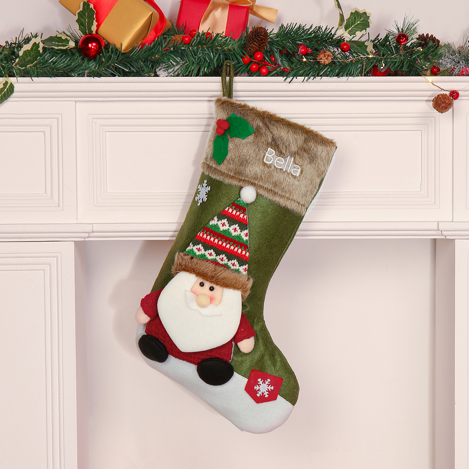 Adornos de medias navideñas con muñeco Bolsa de regalo 1 Nombre personalizado-Jessemade ES