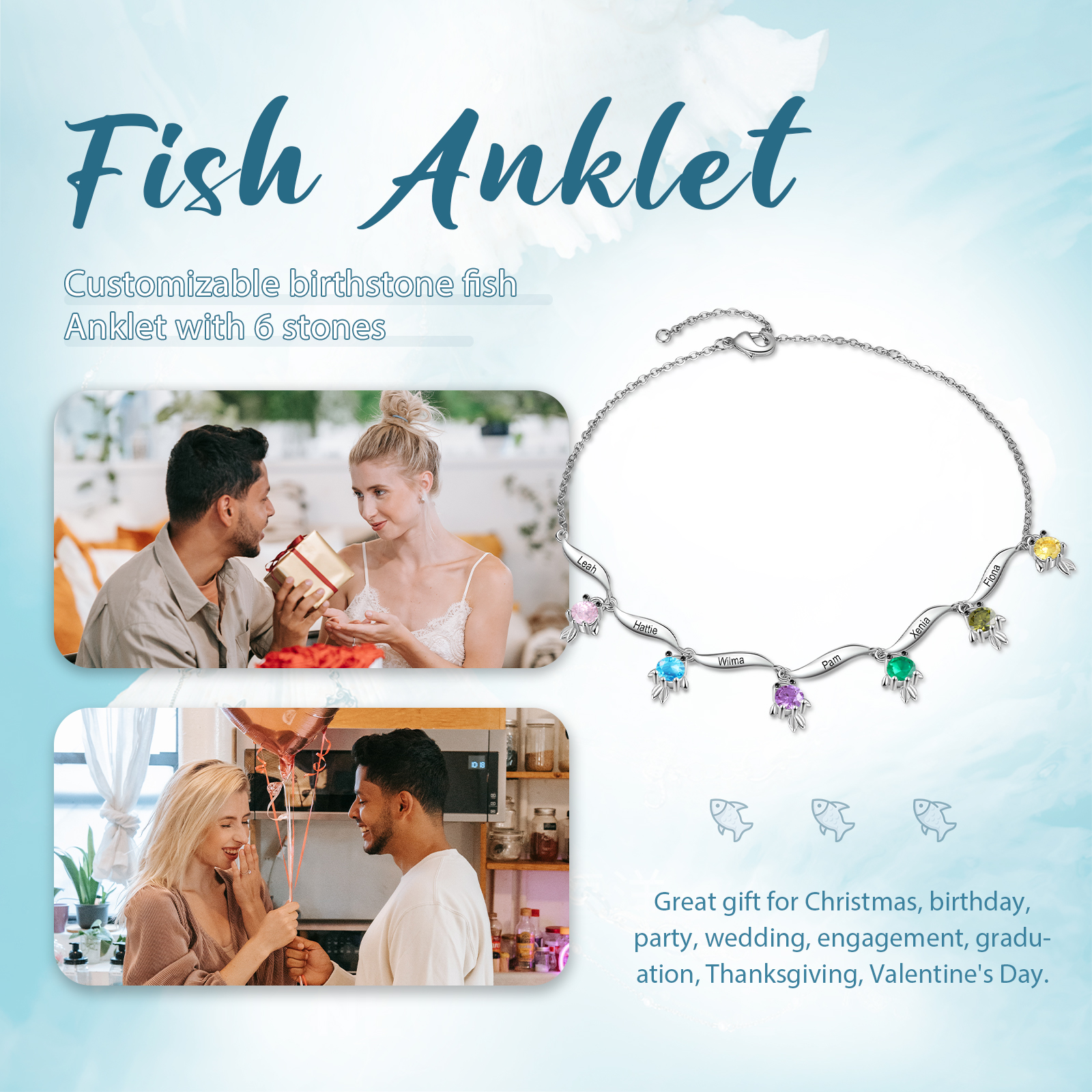 Pulsera de tobillo 1-6 nombres y piedras personalizados con dije de pececito-Jessemade ES
