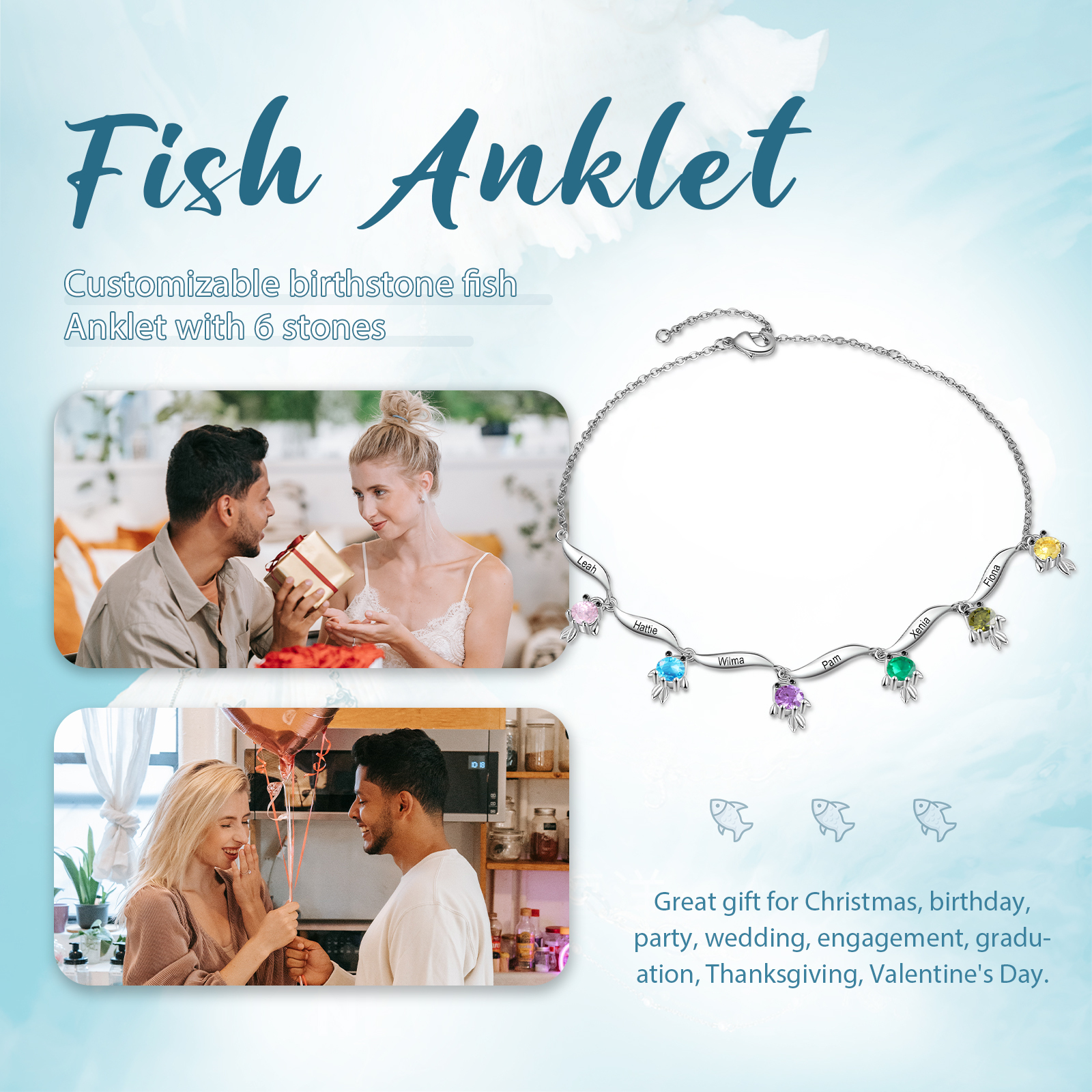 Pulsera de tobillo 1-6 nombres y piedras personalizados con dije de pececito-Jessemade ES