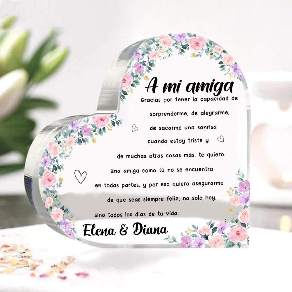 Placa de acrílico en forma de corazón para amiga con 1 texto personalizado-Jessemade ES