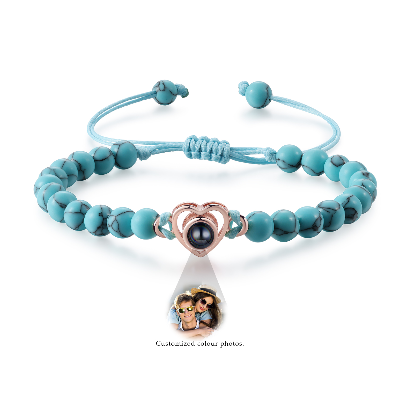 Pulsera de turquesa verde sintética con proyección de foto en color con dije de corazón pulsera ajustable-Jessemade ES