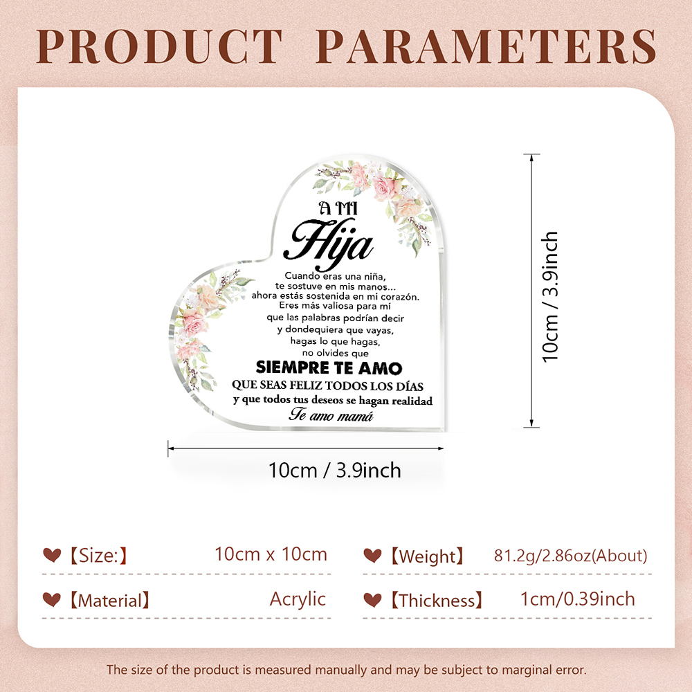 A mi hija-Placa de acrílico en forma de corazón con 1 texto personalizado-Jessemade ES